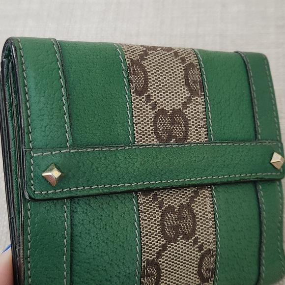 Gucci Vintage GG Studded Canvas Leather Moss Green Olive Folding Wallet - Picture 6 of 16